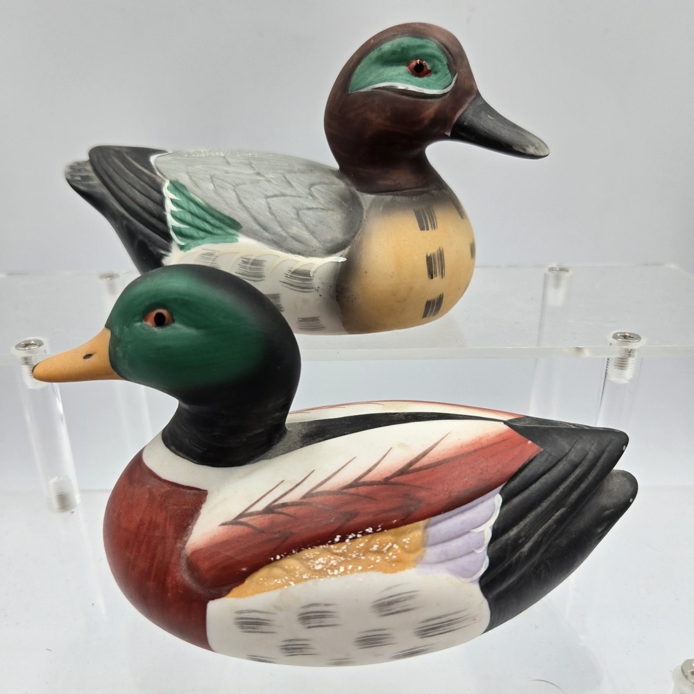 2 Vtg Balos Mallard Wood Duck Handmade Exclusive Ceramic Country Cottagecore